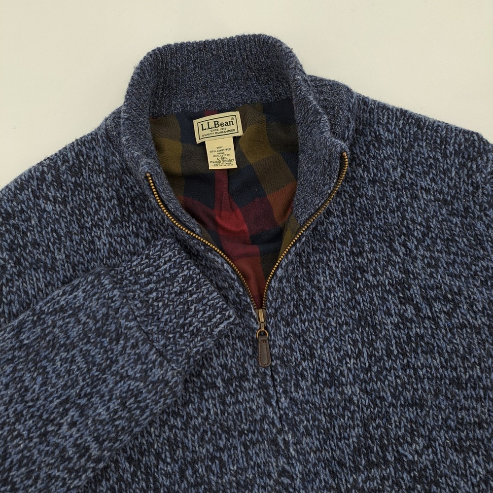L.L. Bean Full Zip Cardigan Sweater Mens L Lambswool Blue Marl Flannel Lined